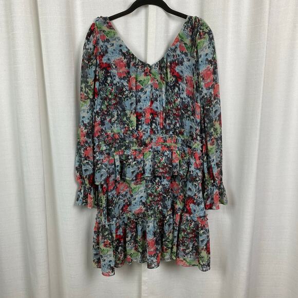 Cinq a Sept Blue Abstract Floral Lewis Tiered Mini Dress Sz.6 - Picture 9 of 15